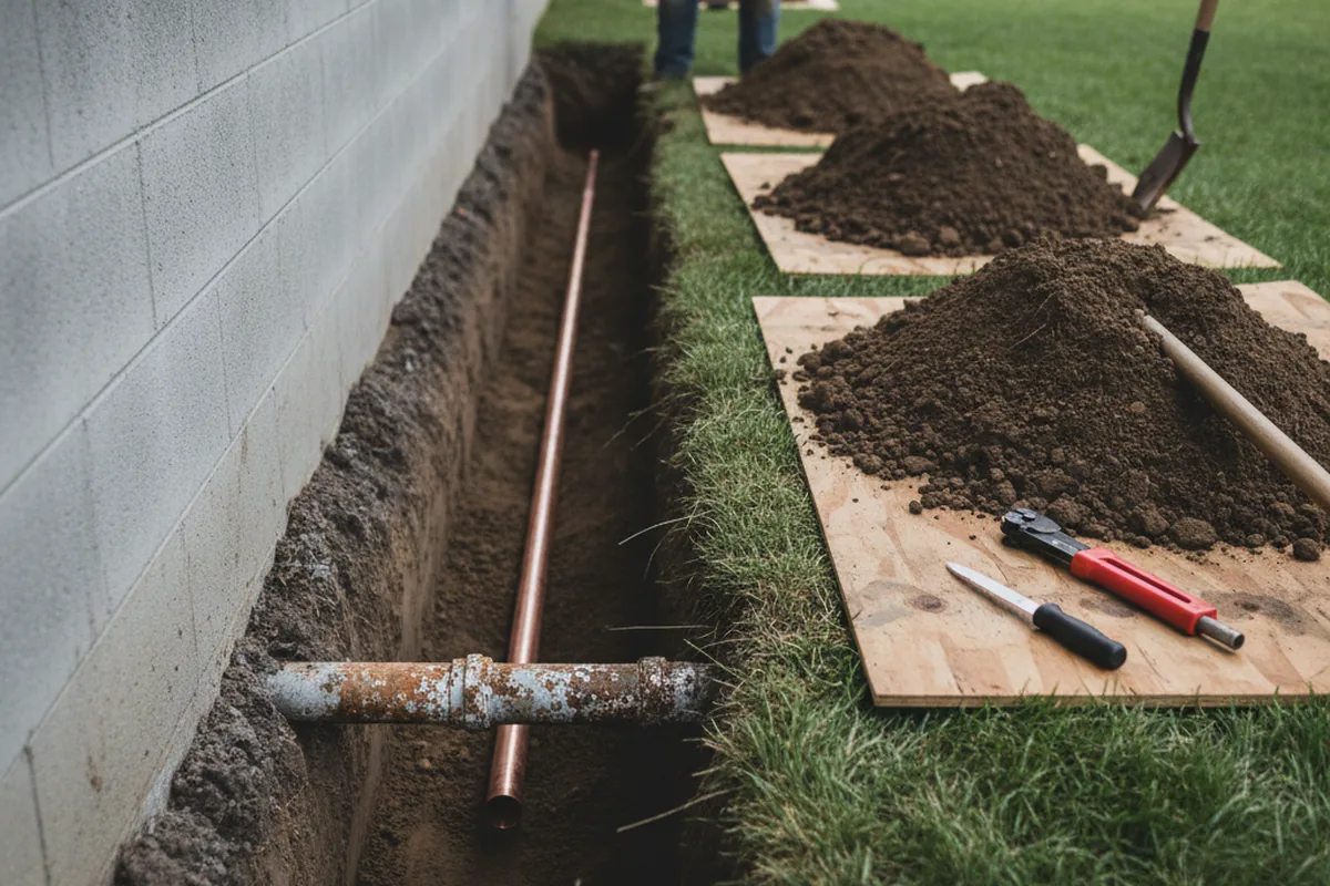 Excavated water line trench during Sewer Line Repair in Napoleon